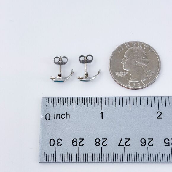 Vintage Sterling Silver 925 Turquoise Dolphin Stud Earrings - Picture 6 of 6